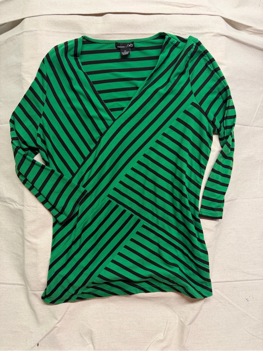a.n.a Green and Black Diagonal Stripe Wrap-Style Long Sleeve Top